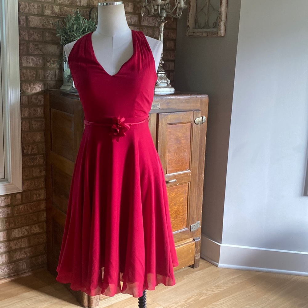 HOBBS LONDON UK RED SLEEVELESS V NECK DRESS UK 8 US 4 RED BOW BELT